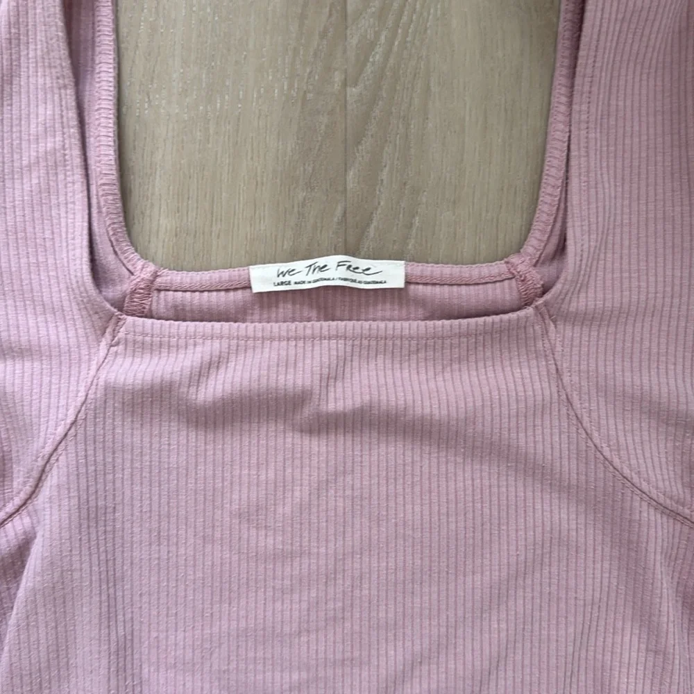 Free People Mauve Pink Ribbed Square Neck Puff Sleeve Top